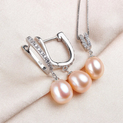 Horseshoe 8-9mm Rice Freshwater Pearl Earrings&Necklaces Jewelry Set for Women 925 Sterling Silver 45cm Pendant Necklace