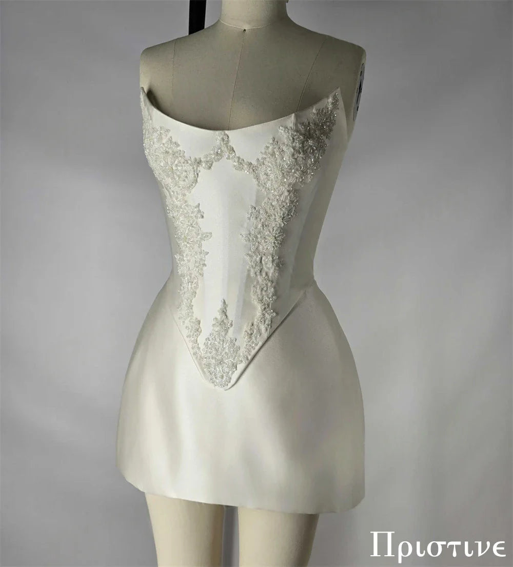 Customized Elegant White Satin Exquisite Appliques Wedding Dress Fashion Bridal Party Sexy Strapless Delicate Bridal Gowns