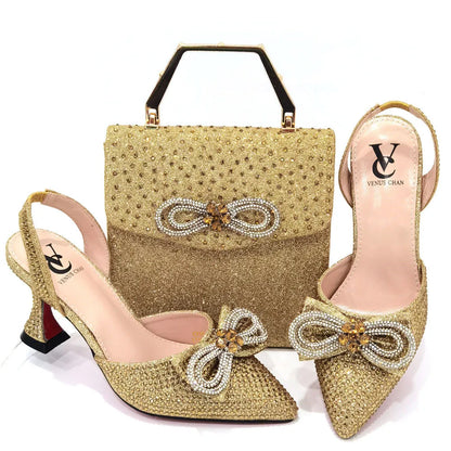 Rhinestone Bow Side Empty Party High Heels Pointed Toe Stiletto Heels Silver Women's Shoes And Bags