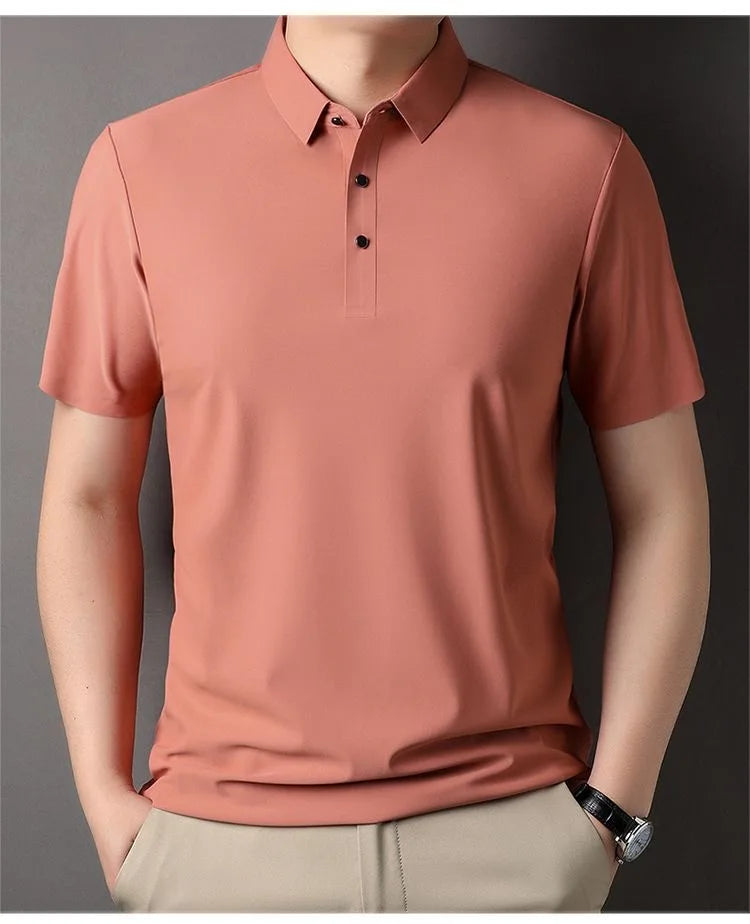 High quality wrinkle resistant ice silk short sleeve t-shirt men's summer Lapel loose casual solid color top high-end polo men