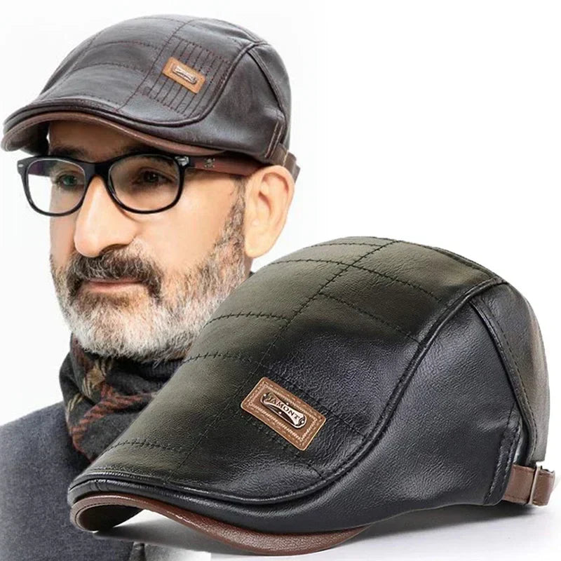 Vintage Men Beret Hat Leather Flat Hats Warm Autumn Winter Windproof Adjustable High Quality Peaked Cap Mens Retro Beret Caps