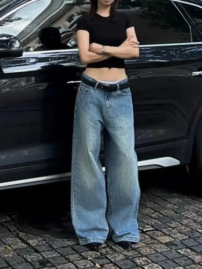 Vintage Aesthetic Emo Loose Washed Pants 2024 Summer Women's Casual Blue Harajuku Jeans Y2K Wide Leg Punk Baggy Denim Trouser