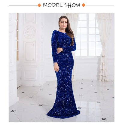Vestido de Festa Formal Azul Royal Feminino Elegante Manga Longa Veludo Elástico Paetê Sereia Vestido de Noiva 2025