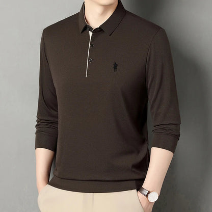 2025 Latest Autumn New Men's Long Sleeve Polo Shirt Middle Aged Business Comfortable Solid Color Men's Collar T-shirt