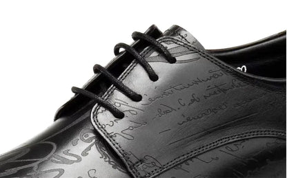 Stylish Letter-printed Men's Business Leather Shoes Korea Style Wedding Derby Shoes Lace-up Pointed Toe Dress Shoes Man Wine-red