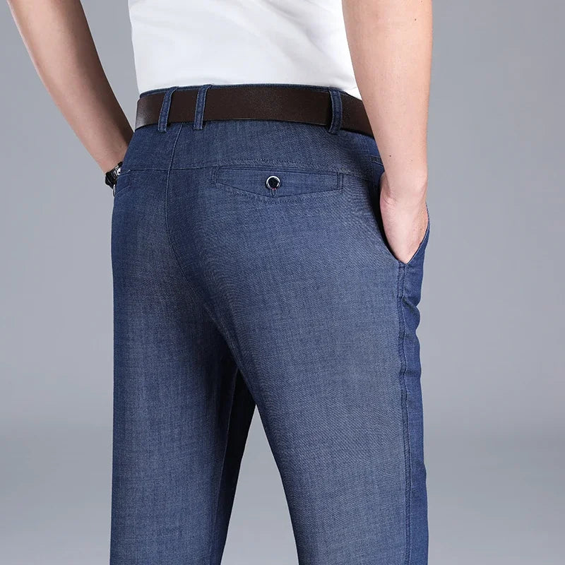 2026 New Men's Summer Jeans Thin Loose Stretch Large Size Ice Silk Straight Pants Elite Business Casual Pants Smoke Gray Blue