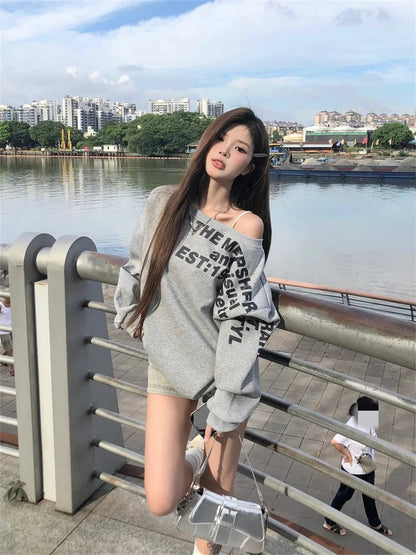 Camiseta Y2K Sexy Oversize Feminina Streetwear Estampada Manga Longa Básica Blusa Feminina Outono 2025 Inverno Coreana Moda Camisa Oversized