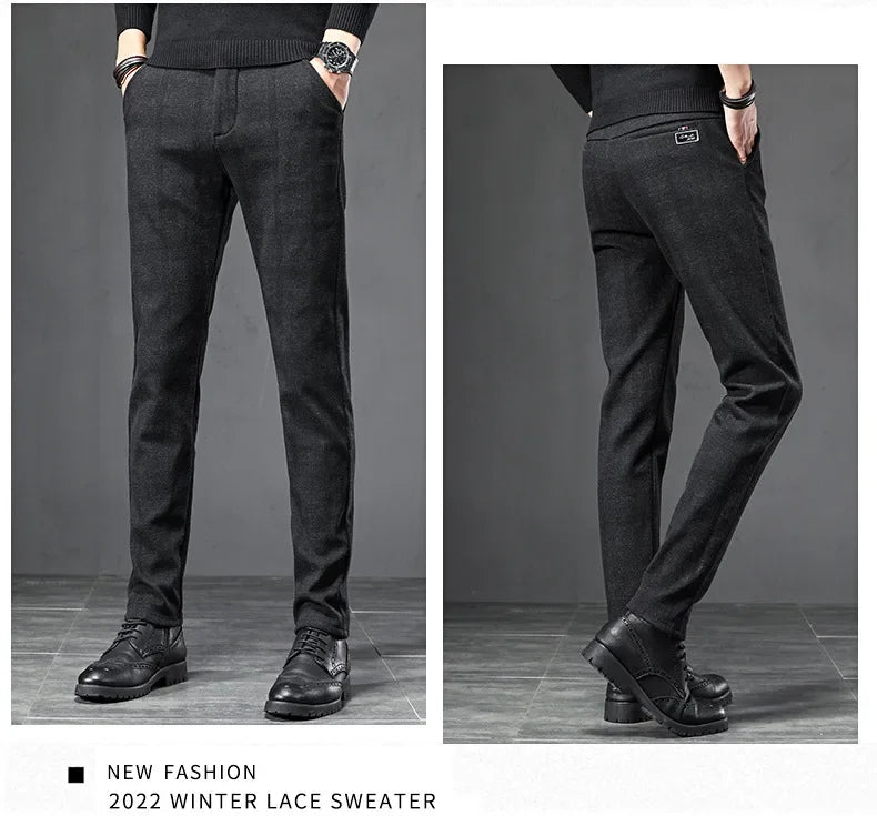 Autumn Men's Brushed Plaid Casual Pants Korean Style Gray Elastic Straight Slim Fit Fashionable Work Pants Blue and Black Male
