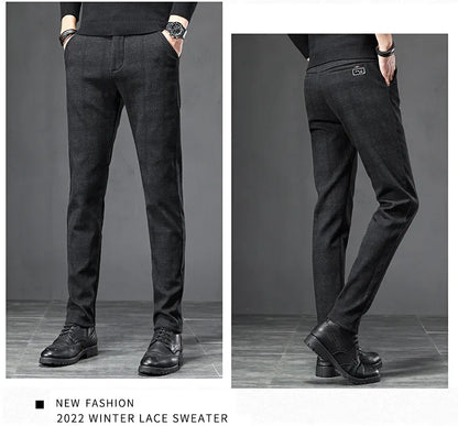 Autumn Men's Brushed Plaid Casual Pants Korean Style Gray Elastic Straight Slim Fit Fashionable Work Pants Blue and Black Male