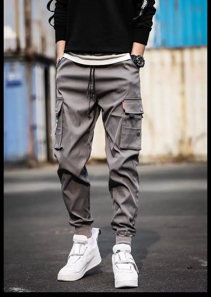 2025 New Men's Cargo Pants Casual Hip Hop Hit Color Multiple Pockets Trousers Streetwear Ribbons Techwear Sweatpants ﻿