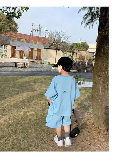 Summer Casual Boys Cotton Loose Alphabet T-shirt Tops+Short Pants Set School Kids Tracksuit Children 2-Piece Outfit Suit 2-14Yrs