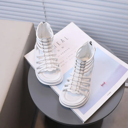 Girl's Sandals Gladiator Style Hollow-out Ankle-high Chunky Kids Summer Shoes White Black Zipper Chic Children Sliders 21-36