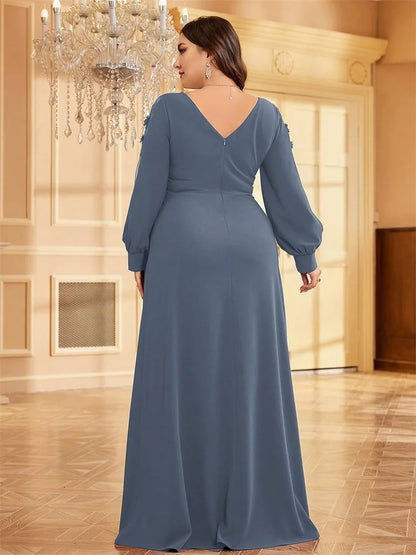 Plus Size Luxury V-Neck Red Long Sleeves Applique Formal Evening Dresses Women V-back Wedding Party Maxi Guest Gowns