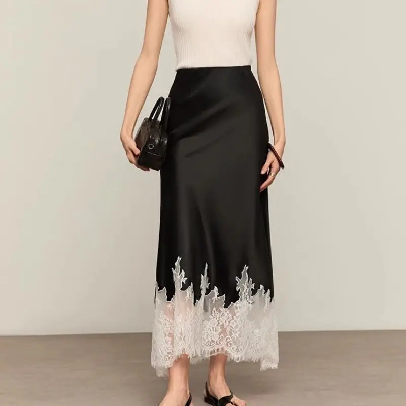 Fairy Elegant Lace Trim Satin Skirt Women High Waist Wrapped Hip Slim Midi Lace Hem Skirt Office Summer Daily Chic Lady Clothes