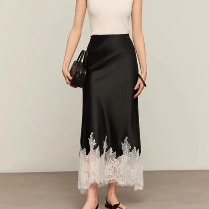 Fairy Elegant Lace Trim Satin Skirt Women High Waist Wrapped Hip Slim Midi Lace Hem Skirt Office Summer Daily Chic Lady Clothes