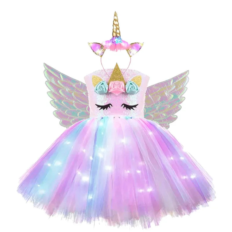 Girls Rainbow Unicorn Light Up Tutu Dresses for Kids Birthday Party Sequins Glowing Knee Length Dress Halloween Animal Costumes