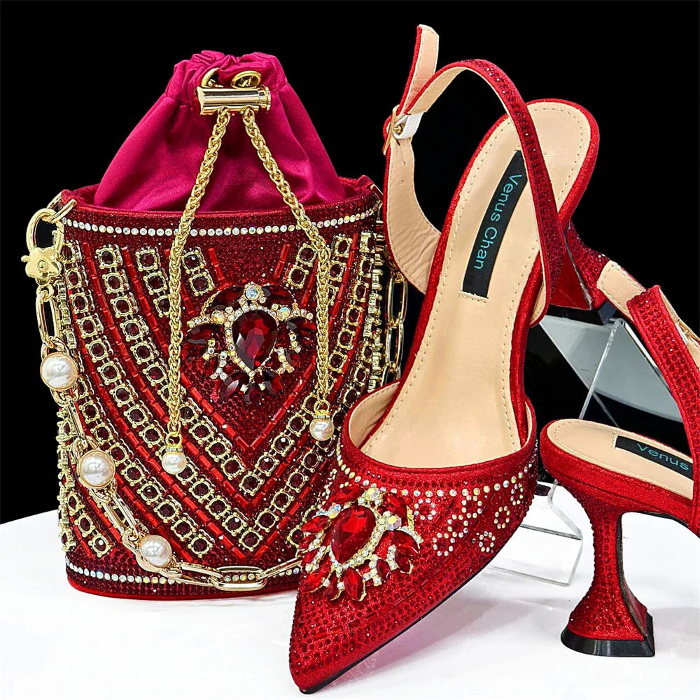 Girly Style Pointed Toe Wedding Shoes and Bag Full Diamond Decoration Metal Closure Bag Italian Design 2024
