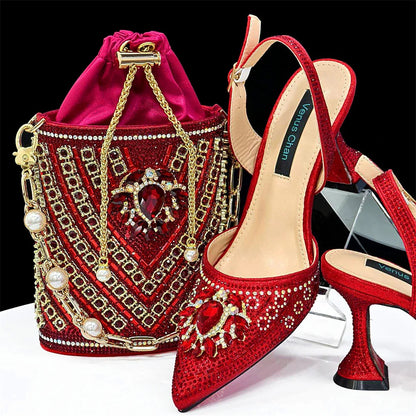 Girly Style Pointed Toe Wedding Shoes and Bag Full Diamond Decoration Metal Closure Bag Italian Design 2024