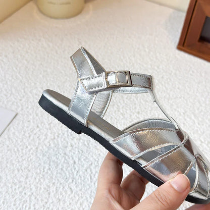 Kids Leather Cage Sandals for Girls 2025 Summer New Toddler Beach Shoes Non-slip Princess Elegant Retro Kid Garden Wedding Flats