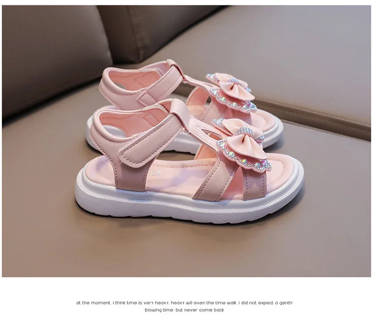 Girl Sandal Kid Summer Elegant Bling Rhinestone Party Princess Beach Shoes Cute Bowknot School Shoes for Kids Flat Heel F05201