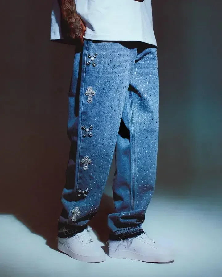 Calça Jeans Larga Retrô Azul com Bordado de Letras de Desenho Animado Hip Hop Harajuku Masculina Feminina Roupa Y2K Rock Cintura Baixa Perna Larga