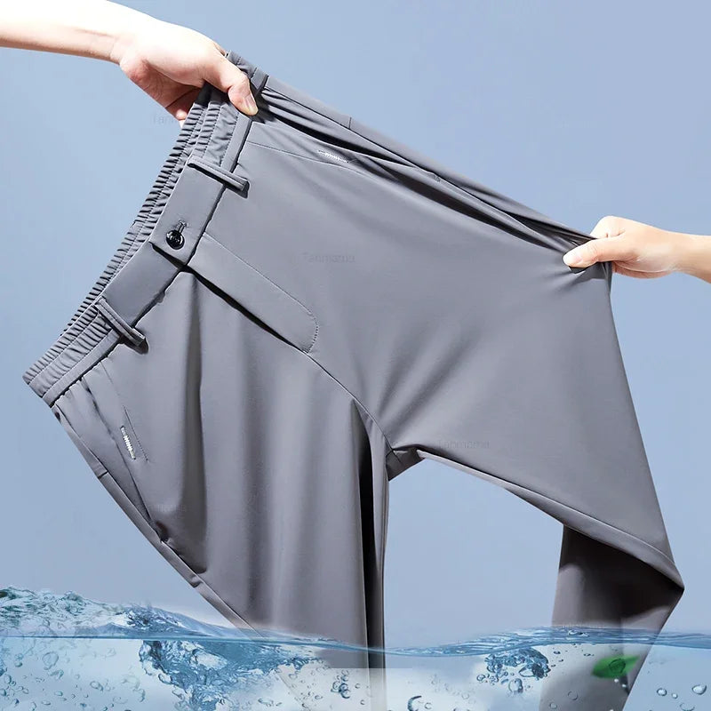 Ultra-thin Elastic Men's Casual Trousers Summer Quick-drying Ice Silk Slim Straight Business Solid Color Trousers Black Gray