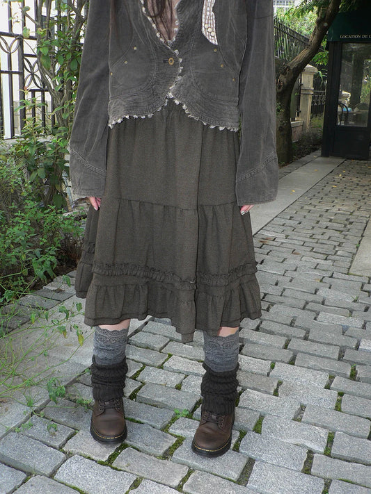 Angproject Vintage New Pure Color Pleated A-Line Half Skirt Umbrella Skirt Wooden  Ear High Waist Elastic Waist