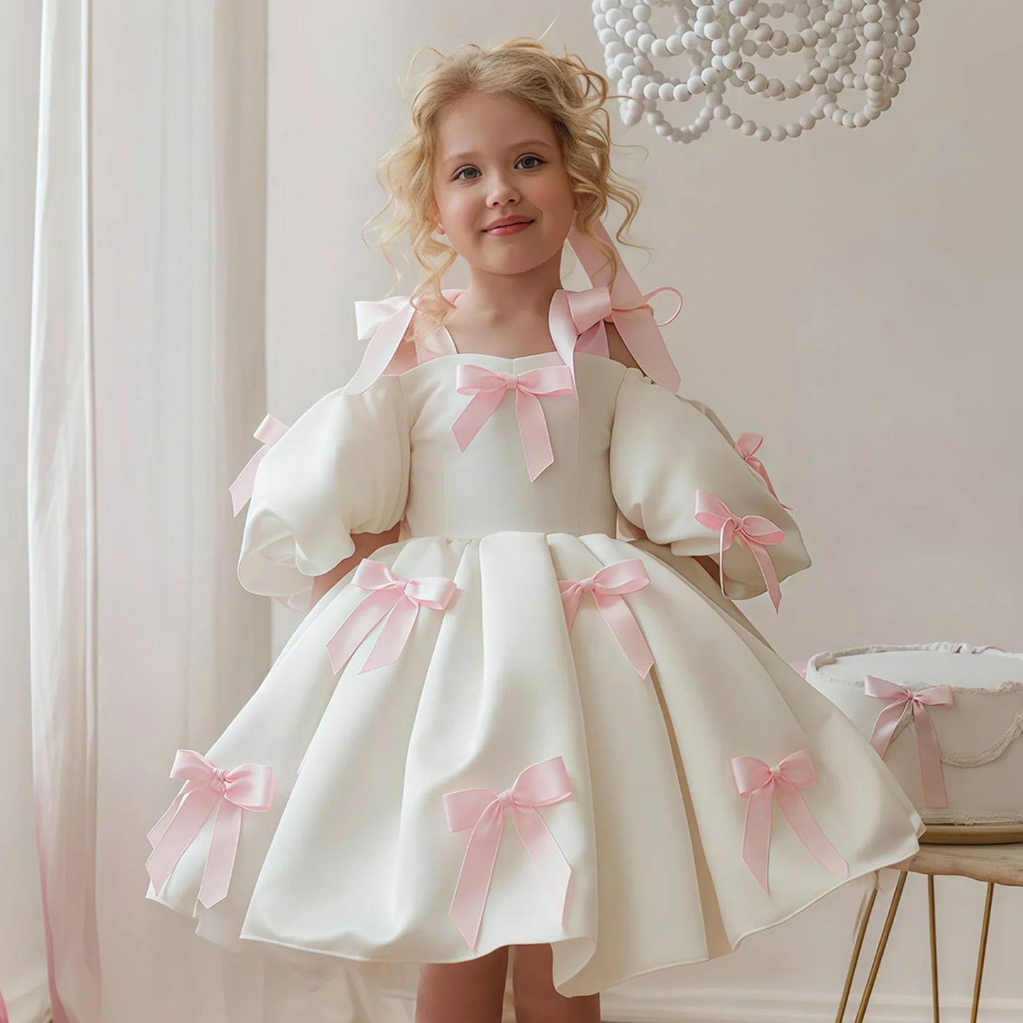 2-8Y Kids Girls Skirt Little Girls Puff-Sleeve Princess Dress Birthday Party Piano Host Performance Dress Belle Ball Gown