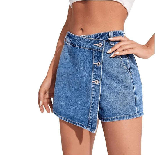 Women's High Waisted Denim Skort Asymmetric Button Detail Frayed Hem Skirt Shorts Summer Casual Streetwear Trendy Outfits