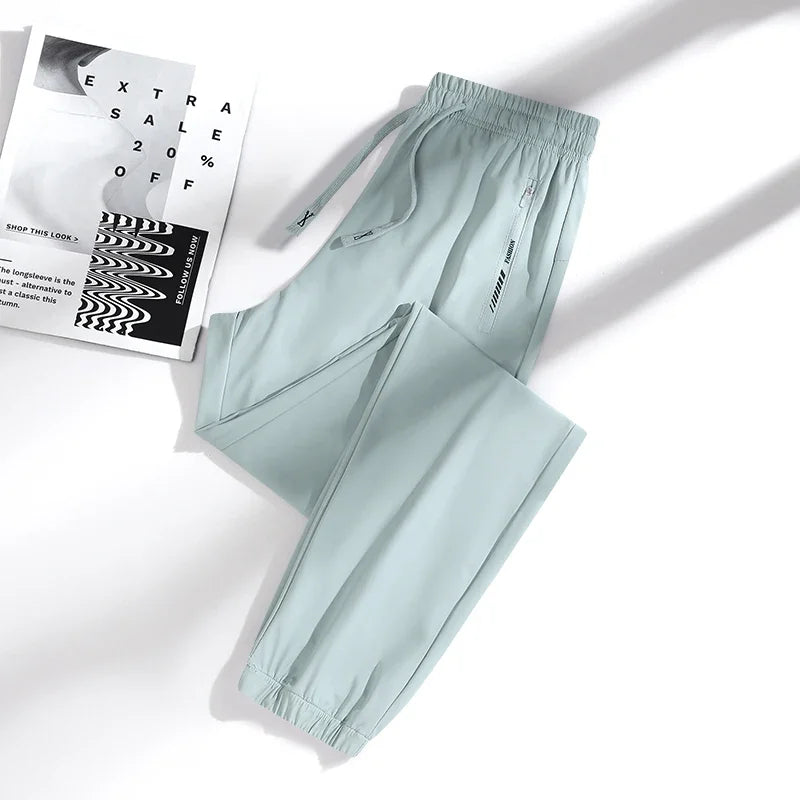 New High Quality Ice Silk Men's Women's Pants Summer Thin Loose Quick Drying Breathable Sports Straight Leg Tie Casual Pants