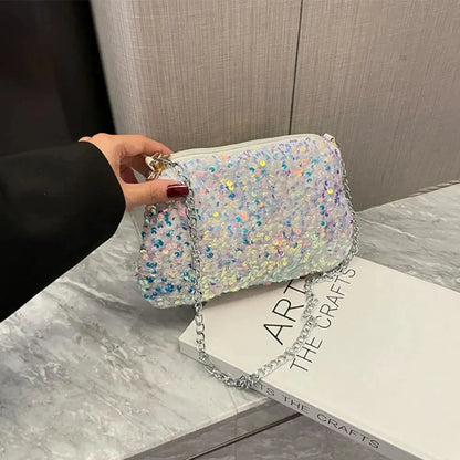 Solid Color Sequins Crossbody Bag Simple Chain INS Small Square Bag Handbag Underarm Bag Evening Clutch Bag Female