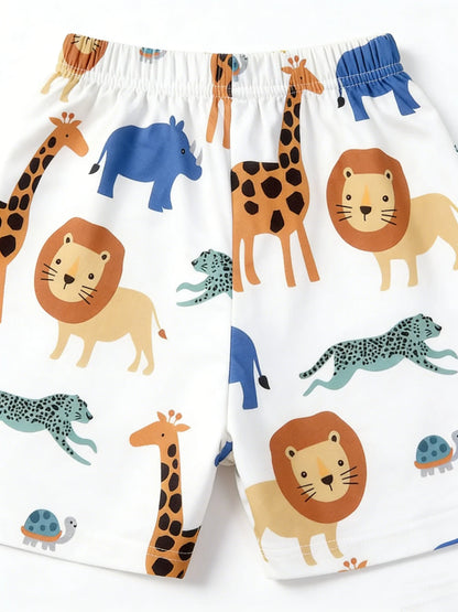 Boys’ zoo print two-piece set: fresh tee + loose shorts, cover kids’ comfort and natural playfulness