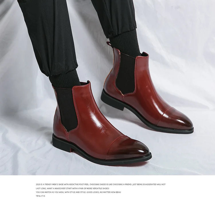 Autumn winter pointed toed male Boots Redsoled high top leather shoe English casual Chelsea boot Fashion comfortable men's shoes