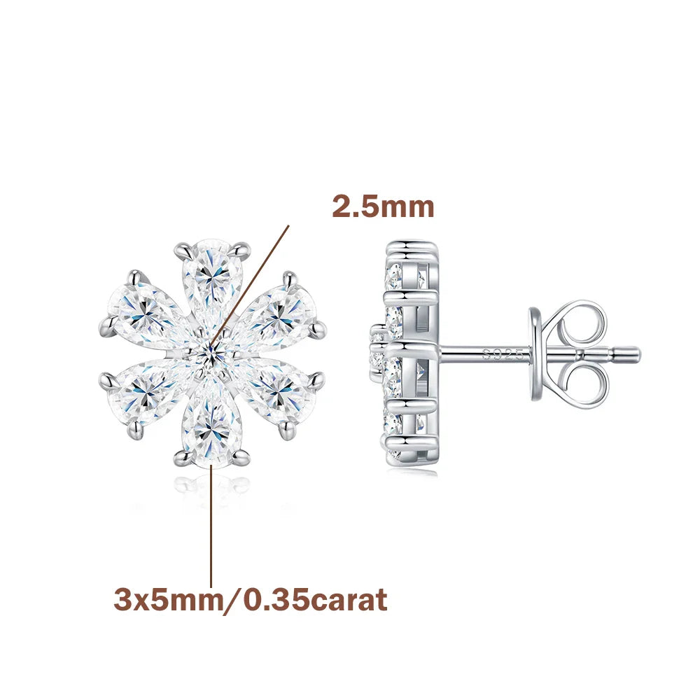 Cluster Flower Full Moissanite Stud Earrings for Women Pear Cut Lab Diamond Earring 925 Sterling Silver Ear Studs Fine Jewelry
