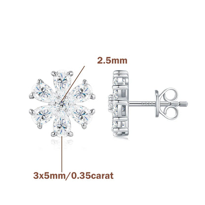 Cluster Flower Full Moissanite Stud Earrings for Women Pear Cut Lab Diamond Earring 925 Sterling Silver Ear Studs Fine Jewelry