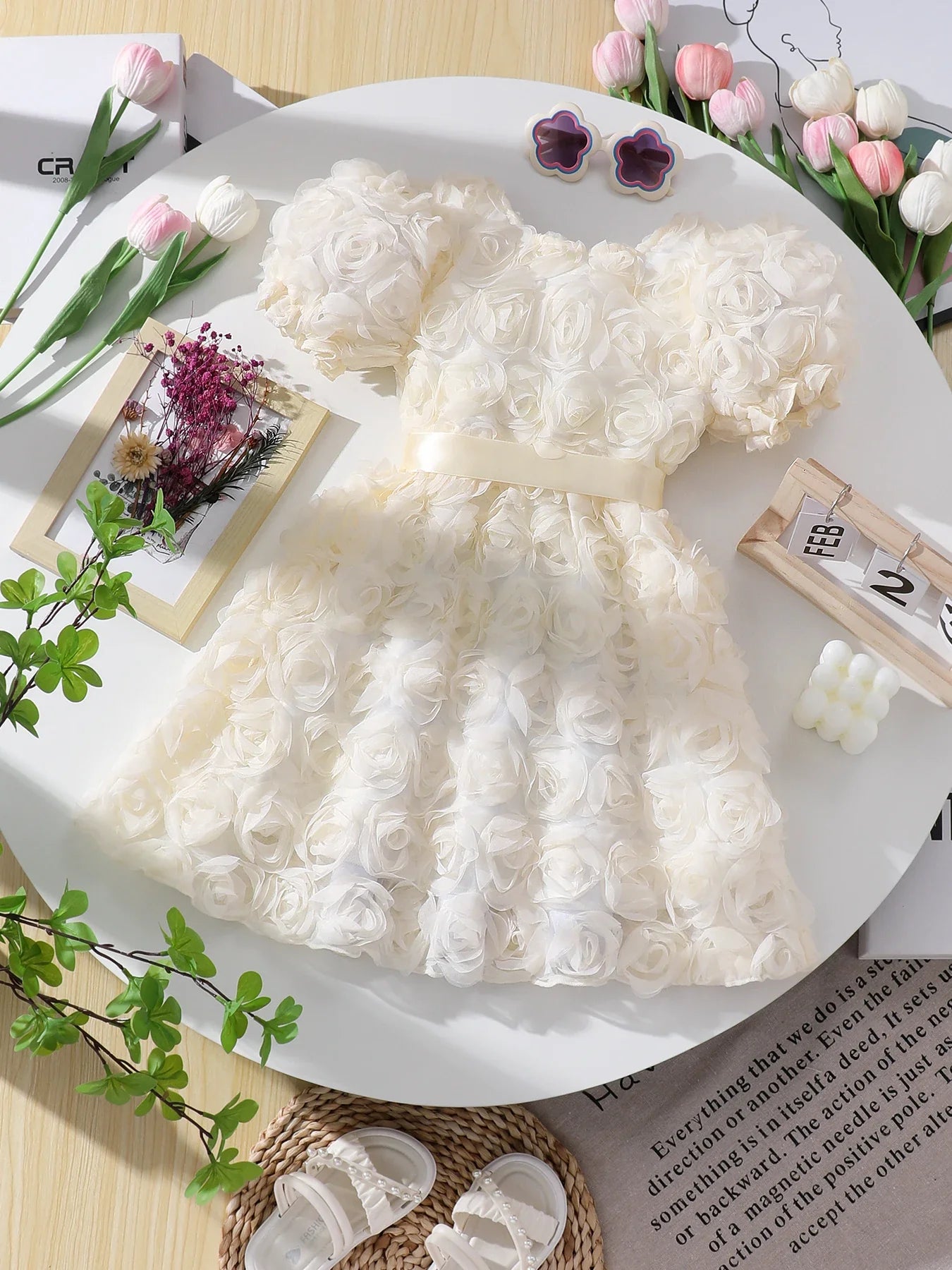 Girl's three-dimensional rose bubble sleeve mesh dress, children's birthday party princess dress, stylish dress