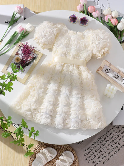 Girl's three-dimensional rose bubble sleeve mesh dress, children's birthday party princess dress, stylish dress