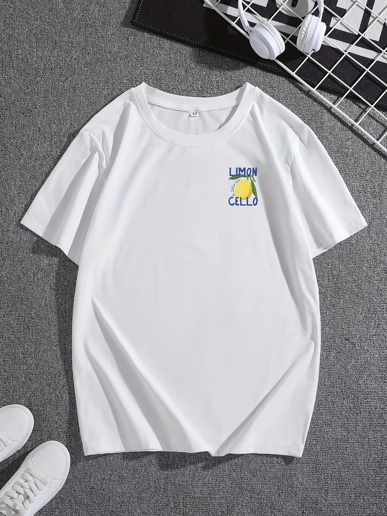 Men's 100% pure cotton fashionable casual loose sports LIMON CELLO pattern printed round neck short sleeved T-shirt top