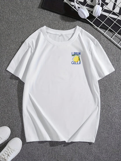 Men's 100% pure cotton fashionable casual loose sports LIMON CELLO pattern printed round neck short sleeved T-shirt top
