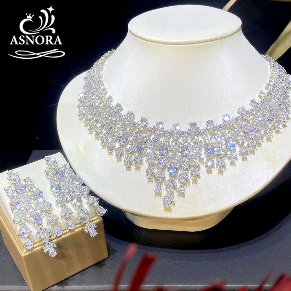 Luxury Floral Design Wedding Dubai Bridal Jewelry 2 PCS Set Shiny Cubic Zirconia CZ Necklace Pendant Earrings X0202