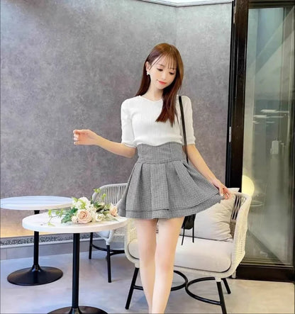 Japanese Lolita Skirts Ruffled Pleated Plaid Skirt Women 2026 Spring New Elastic High Waist Slimming Gentle Mini Skirt Culottes