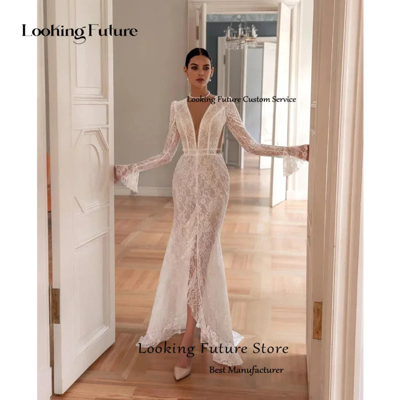 Boho Lace Appliques Mermaid Wedding Dress Simple Long Sleeves Sexy Deep V-Neck Cut-out Bridal Gown High Slit Vestidos Customized