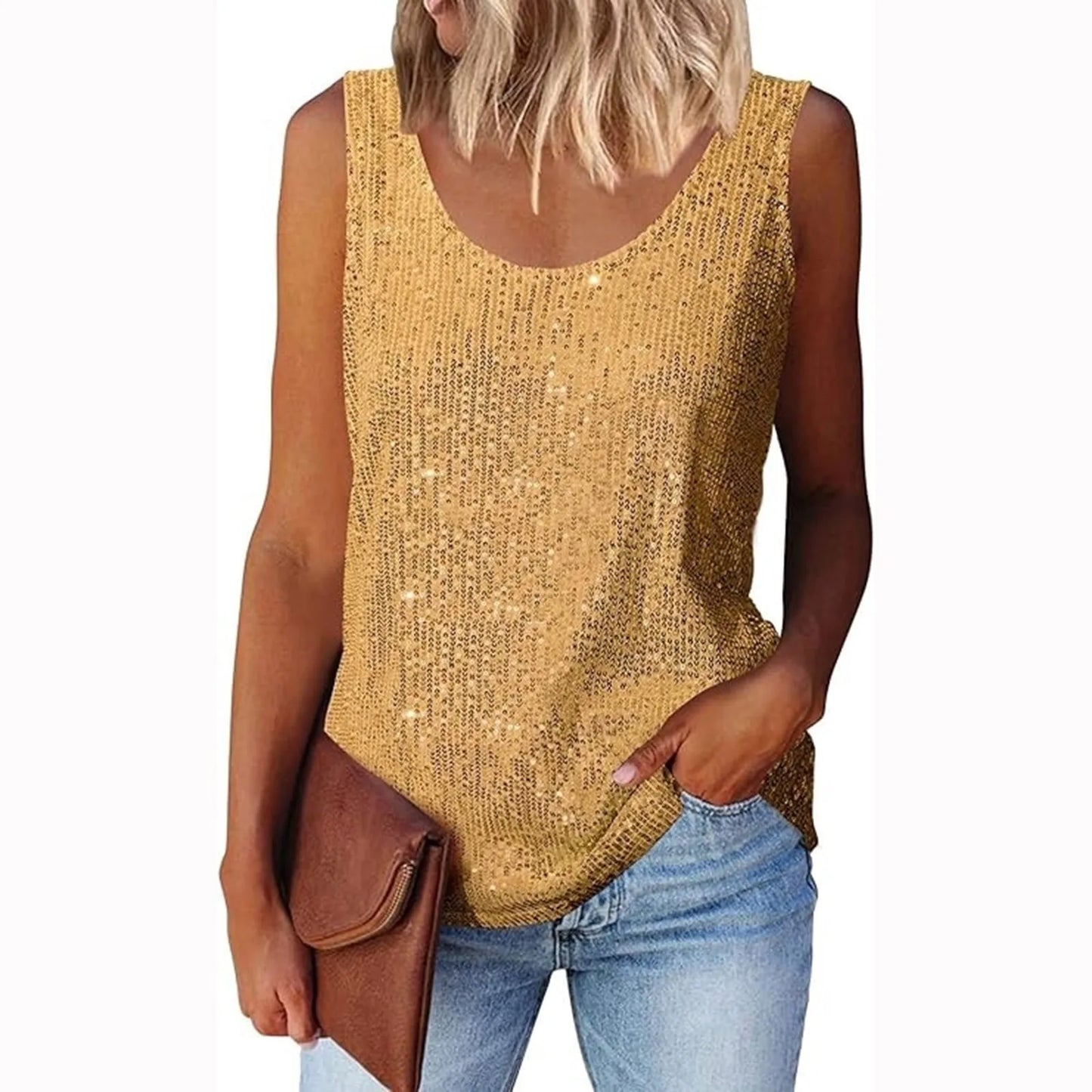 Ladies' Sequin Loose U-Neck Sleeveless Glitter Tops Fashion Solid Color Tank Tops For Daily Wear Performance Costume
