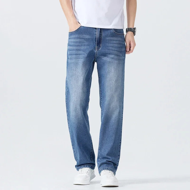 Summer Thin Straight Jeans Men's Clothing Soft Breathable Trousers Male Brand Comfortable Business Loose Denim Pants