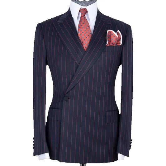 Peak Lapel Navy Blue Red Stripe Smart Casual Suits for Men Double Breasted Jacket Pants Formal Party Business Office  Man Suits