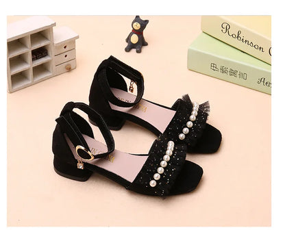 Girls Sandals Summer Shoes Cute Pearls Roman Shoes Pink Black Beading Open-toe Kids Fashion Girls Party Sandals Kids Shoes Chic