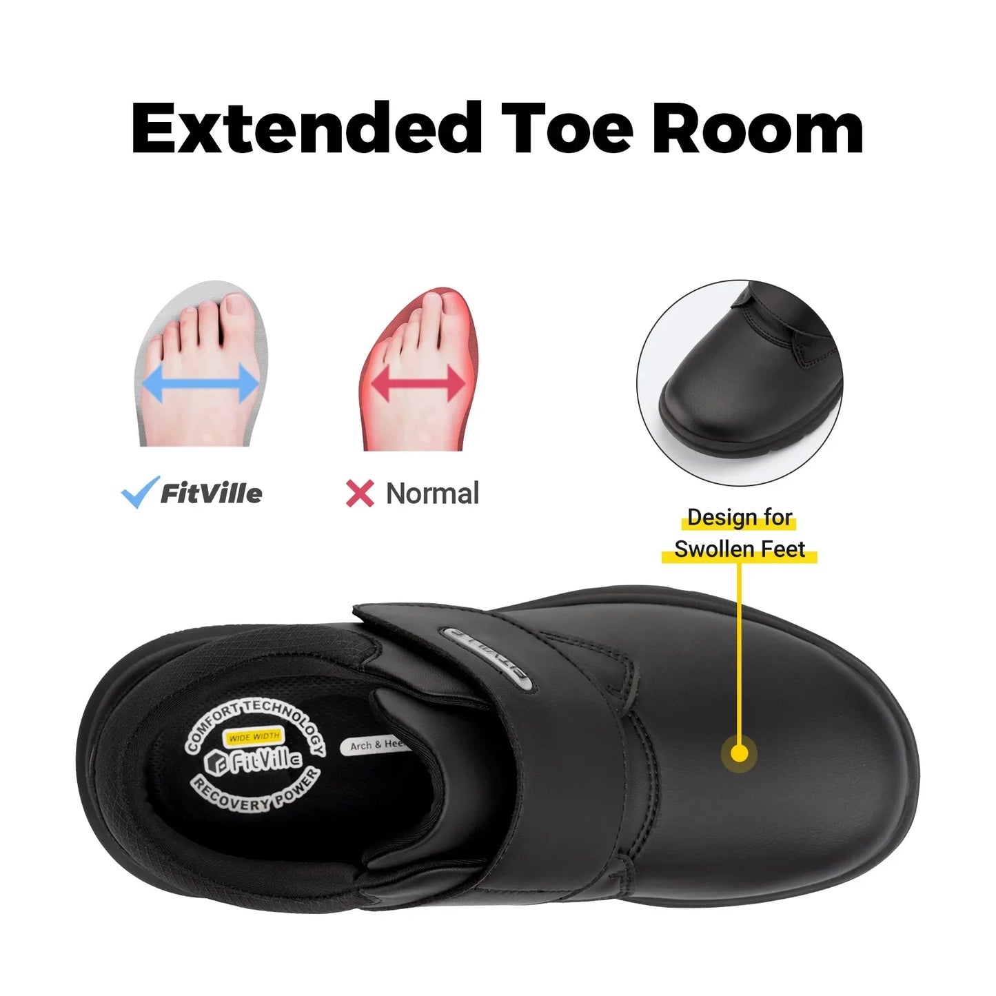 Extra Wide Men's Shoes Leather Diabetic Shoes Walking for Elder Orthopedic Toes Swollen Feet Non-Slip Arch Support