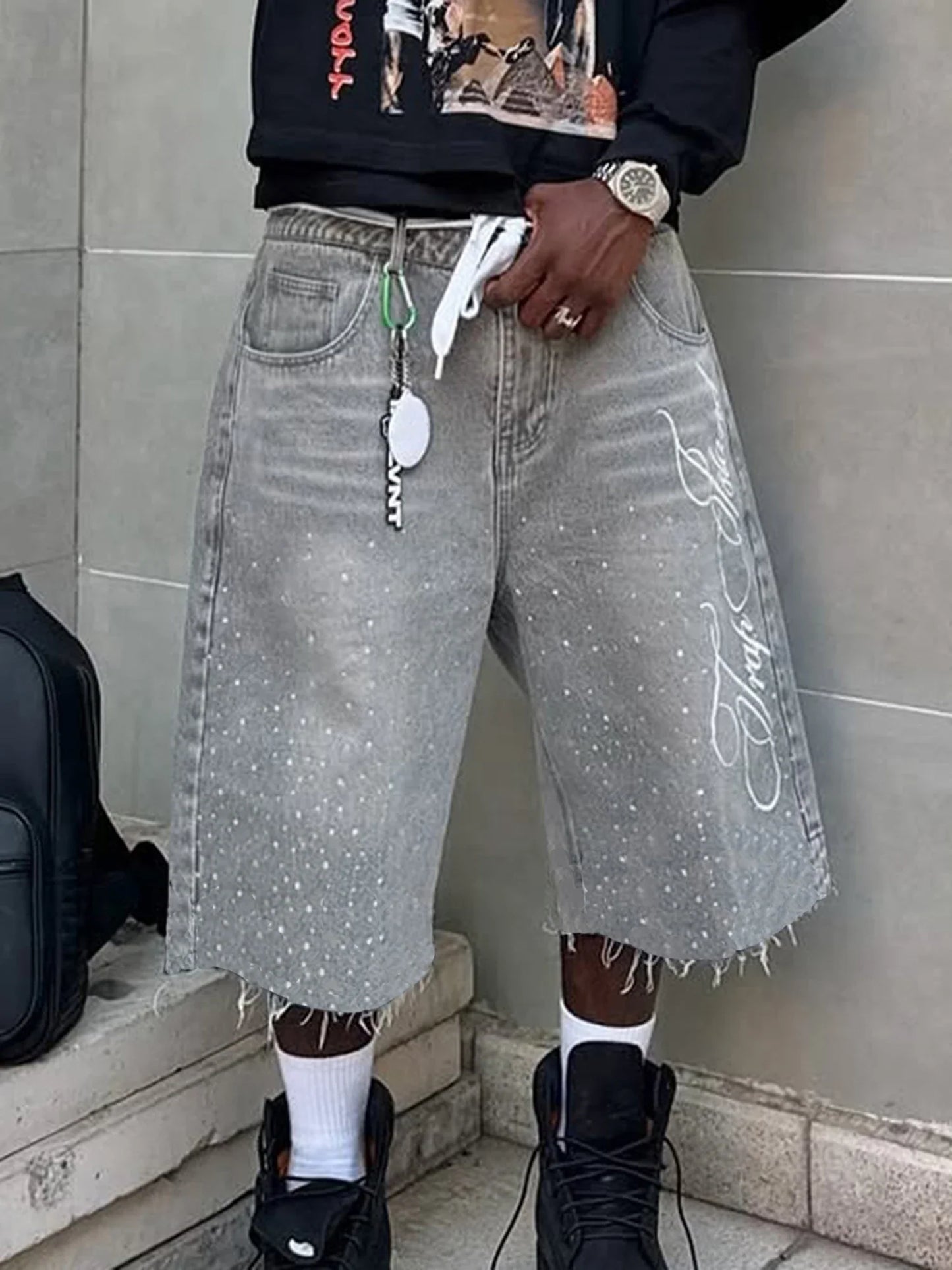 Men s Stylish Knee-Length Denim Shorts with Embroidered Logo and Rhinestone Detailing for Summer Casual Wear