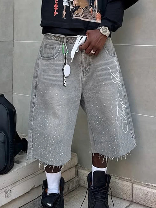 Men s Stylish Knee-Length Denim Shorts with Embroidered Logo and Rhinestone Detailing for Summer Casual Wear