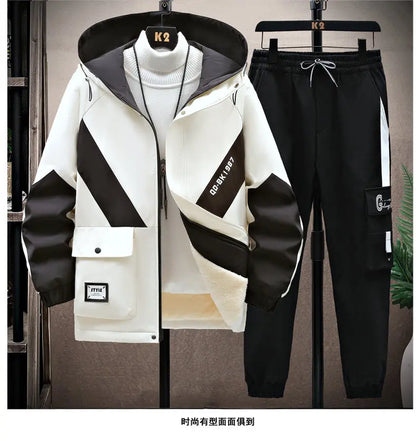 Winter Tracksuit Men Warm Sports Printed Thick Suit Mens Casual Hooded jacket+Pants Sweatsuit Male 2 Piece Sportswear